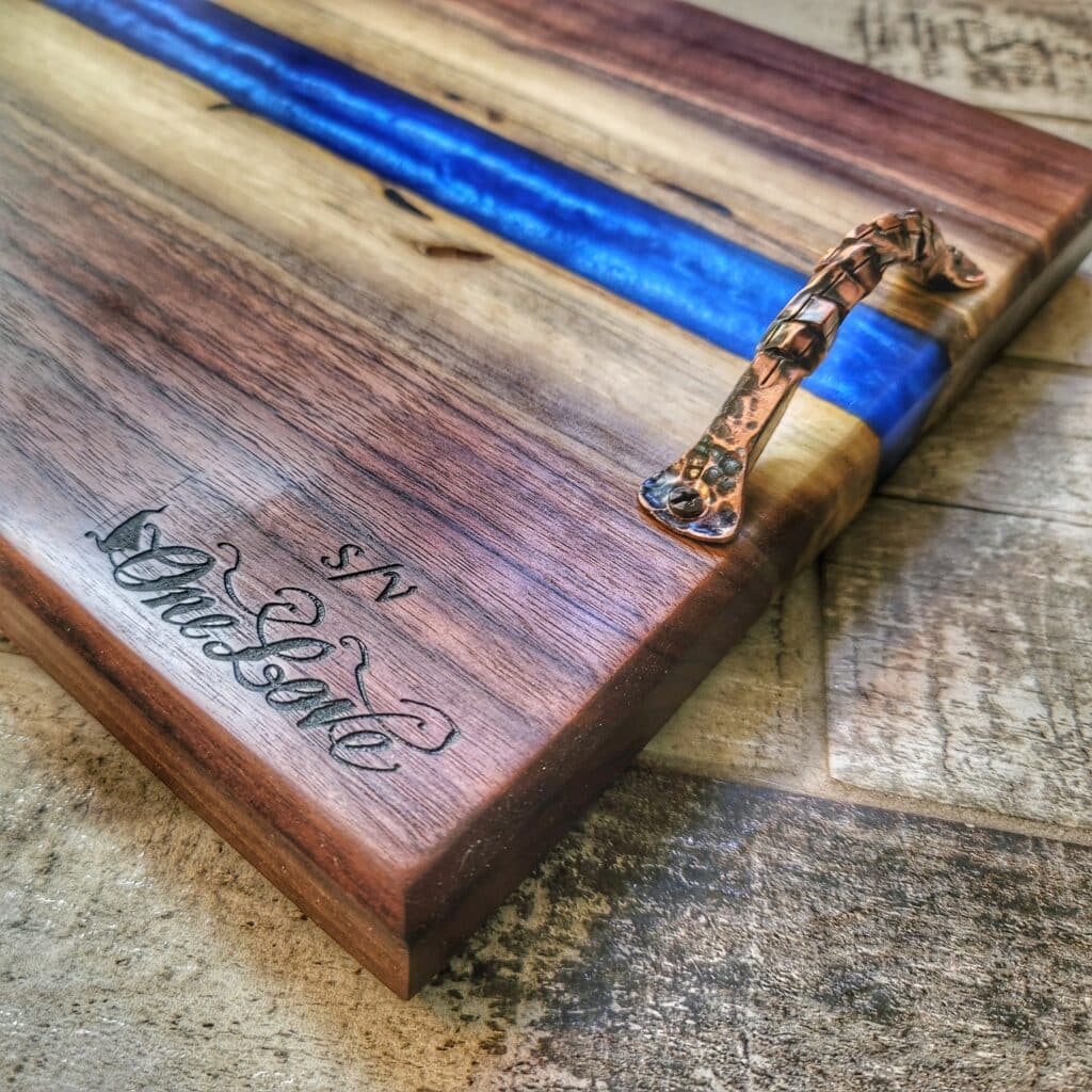 Cobalt Blue Epoxy Charcuterie Board Personalized True Grit Woodworking